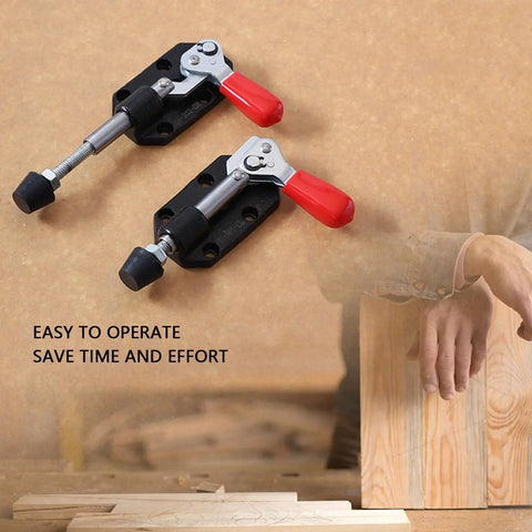 Rock Solid Two Pack Push Pull Toggle Clamps With Comfy Vinyl Grip Handles Rust Proof Cast Iron Frame Lightning Fast Quick Release Lever For Zero Hassle Woodworking And DIY Bench Work 20Mm Stroke placed on a wooden surface.