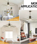 Modern LED Chandelier 82W Black And Gold 10 Light Ceiling Pendant With Dimmable Remote Control shown in various room settings