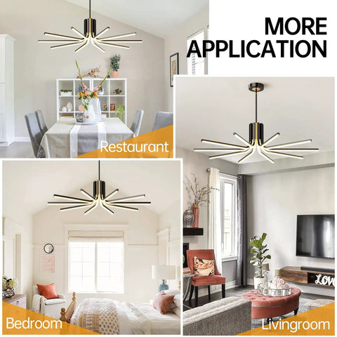 Modern LED Chandelier 82W Black And Gold 10 Light Ceiling Pendant With Dimmable Remote Control shown in various room settings