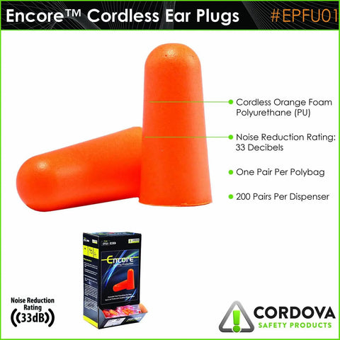 Orange Foam Ear Plugs Uncorded 200 Pack In Dispenser Box NRR 32 dB polyurethane, close-up of two plugs and packaging.