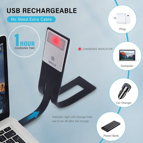 Clip On Bookmark Reading Light For Books In Bed With Adjustable Brightness Levels Soft Eye Friendly LED Built In USB Charge Ideal For Readers And Kids showing USB charging setup