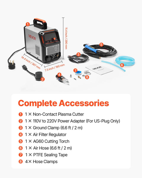 Image of 65A Non Touch Pilot Arc Plasma Cutter With Dual Voltage 110V And 220V, shown with accessories and digital display.
