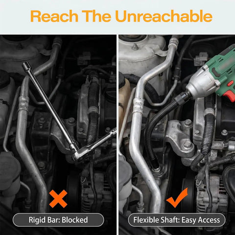 One Half Inch Flexible Shaft Extension With Universal Wrench Adapter Set 10 Inch And 14 Inch Heavy Duty chrome vanadium tool accessing tight spaces.