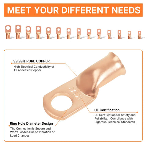 Heavy Duty Copper Battery Cable Lugs Kit With 120 Pcs Ends For AWG 1/0 To 2/0 And 1-8 Gauge with copper lug details