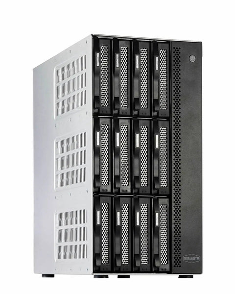 Screaming Fast 12 Bay Network Attached Storage Chassis Featuring Intel Core I7 1255U Powerhouse And 16Gb Ddr5 Cache For Seamless Cloud Sync and Heavy Duty Archival Runs Right Now showing front view with drive bays.