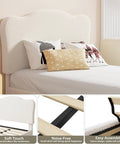 Super Chill Ultra Tough Twin Bed Frame For Kids Room Totally Comfy Berber Fleece Upholstery High Density Sponge Pad Easy Setup Low Rise Platform With Cool Beige headboard with soft cushions and vibrant pillows.