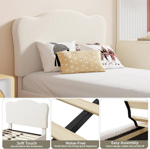 Super Chill Ultra Tough Twin Bed Frame For Kids Room Totally Comfy Berber Fleece Upholstery High Density Sponge Pad Easy Setup Low Rise Platform With Cool Beige headboard with soft cushions and vibrant pillows.