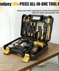 Image of 166 Piece General Home Repair Tool Set With Cordless 12V Drill Battery And Charger In Portable Tool Box Opened On Table