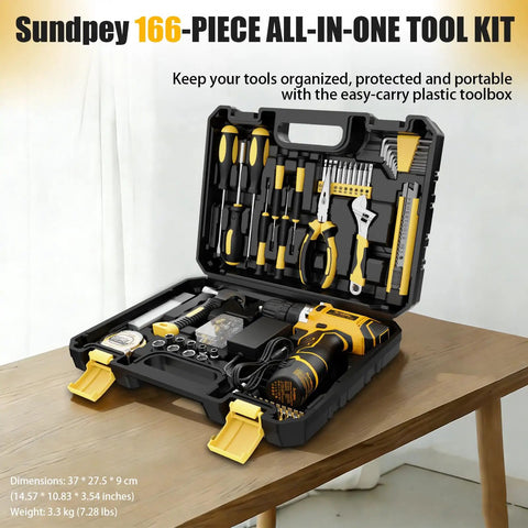 Image of 166 Piece General Home Repair Tool Set With Cordless 12V Drill Battery And Charger In Portable Tool Box Opened On Table