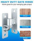 Heavy Duty Five Eighth Inch Wall Mount Gate Hinges Four Piece Set For Farm Fences, galvanized steel hinge shown for wood, concrete, and bricks