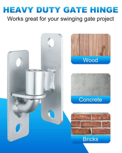 Heavy Duty Five Eighth Inch Wall Mount Gate Hinges Four Piece Set For Farm Fences, galvanized steel hinge shown for wood, concrete, and bricks