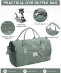 Travel Duffel With Shoes Compartment And Wet Pocket For Women And Men Airport Friendly Carry On Gym Bag, waterproof green fabric, close up view of detachable strap and zippers