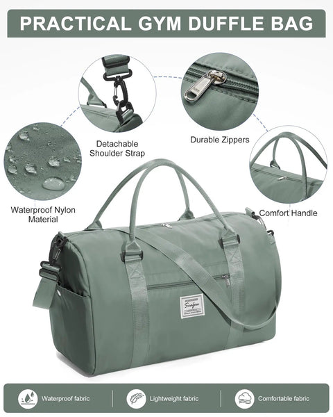 Travel Duffel With Shoes Compartment And Wet Pocket For Women And Men Airport Friendly Carry On Gym Bag, waterproof green fabric, close up view of detachable strap and zippers