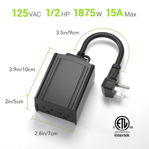 Heavy Duty Outdoor Mechanical Timer With Two Grounded Outlets Waterproof Built To Last 30 Minute Interval Programmable 24 Hour Repeating Schedule For Your Christmas Lights And Pool Pumps ETL Listed, black device with measurements