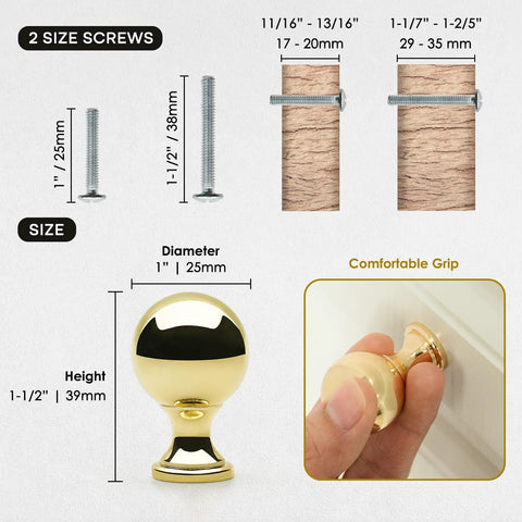 10 Pack Polished Gold Ball Cabinet Knobs Set 1 Inch Diameter Zinc Alloy Dresser Drawer Handles With 1 Inch And 1.5 Inch Screws