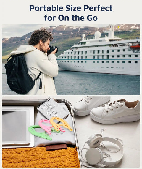 Ultra Compact Foldable Travel Hangers Set for Cruise Ship and Air Travel packed in luggage next to shoes and accessories.