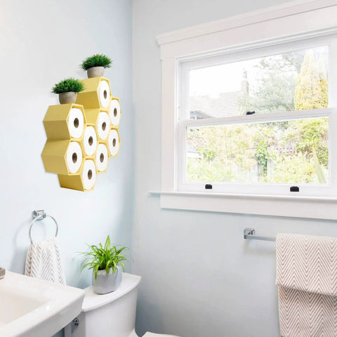 Honeycomb Toilet Paper Holder With Bees Holds Nine Rolls In Multiple Configurations Yellow Space Saving Hexagon Design For Tiny Bathrooms