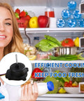 Woman holding milk in front of open refrigerator with condenser fan motor replacement, DC12V 1A, plug and play, shown in detail