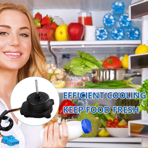 Woman holding milk in front of open refrigerator with condenser fan motor replacement, DC12V 1A, plug and play, shown in detail