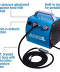 Front view of Quiet One Eighth Horsepower Airbrush Compressor With Small Tank Regulator Inline Moisture Filter And Six Foot Braided Hose