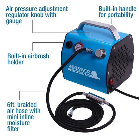Front view of Quiet One Eighth Horsepower Airbrush Compressor With Small Tank Regulator Inline Moisture Filter And Six Foot Braided Hose