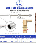 Dimensions and specs of 50 Pack Cable Railing Kit With Swage Threaded Stud Tension End Fittings for 1/8 inch cable in T316 stainless steel