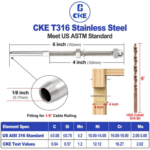 Dimensions and specs of 50 Pack Cable Railing Kit With Swage Threaded Stud Tension End Fittings for 1/8 inch cable in T316 stainless steel