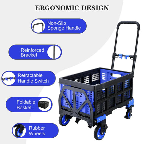 2 In 1 Folding Hand Truck And Folding Basket Heavy Duty Dolly With Telescoping Handle And Rubber Wheels