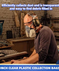 Woodworker using Clear 5.8 Mil Dust Collector Bags, Heavy Duty 6 Pack Fits DC-1100VX 70 Gallon Woodworking Dust Collector