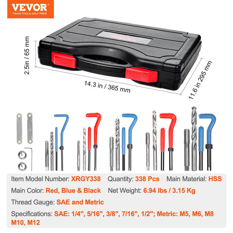 All In One Helicoil Thread Repair Kit With 338-Piece SAE HSS Drill Inserts Taps And Tools For M5 M6 M8 M10 M12 And Inch Sizes displayed in open case with tools shown.