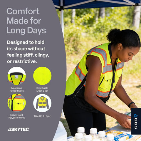 Straight Fire High Visibility Surveyor Safety Vest With Ten Bulk Storage Pockets And Reflective Tape showing breathable mesh back and lightweight design.