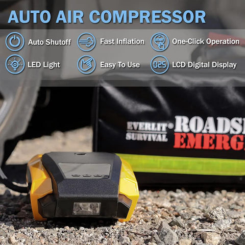 Everlit Survival yellow and black portable auto air compressor inflator with LED light beside roadside emergency kit bag