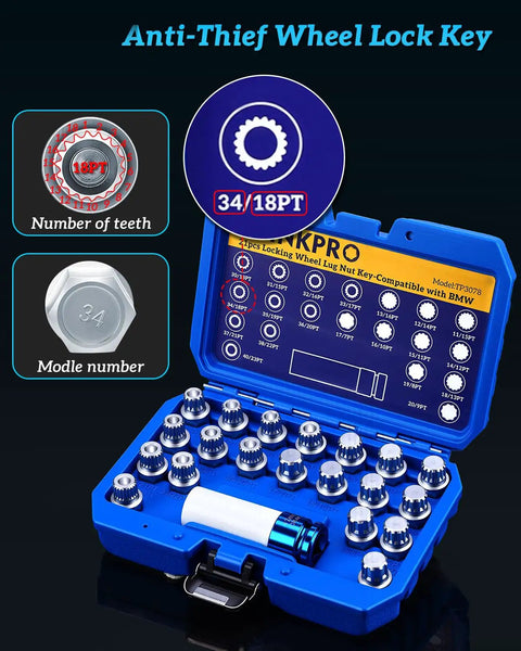Wheel Lock Removal Kit For BMW 21 Piece Wheel Lock Key Set With Anti Theft Nut Socket case with sockets visible