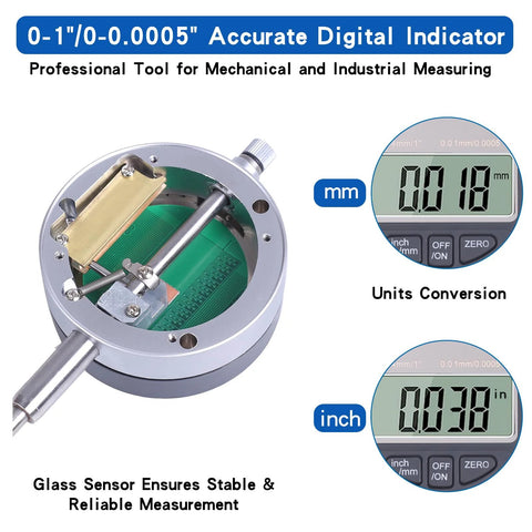 Electronic digital dial indicator with magnetic base and long arm; silver housing, green PCB interior, measures 0-1 inch (25.4 mm).