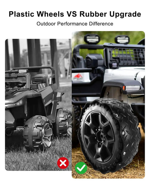 Comparison of plastic wheels vs rubber tire upgrade kit for Power Wheels ride on cars, real traction on pavement visible