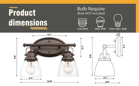 Antique Industrial Wall Sconce Two Light Vanity Fixture In Oil Rubbed Bronze With Clear Glass Shade For Bathroom Living Room And Hallway 2 Pack