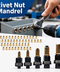 Heavy Duty Rivet Nut Tool Kit That Slams In Press-In Fasteners Smooth With 55 Metric Nuts And 6 Mandrels For M4 To M10 Sizes Perfect For Your Home Shop Projects And DIY Metalworking Tasks Made Tough. rivet nut mandrels, M4-M10, black steel and brass