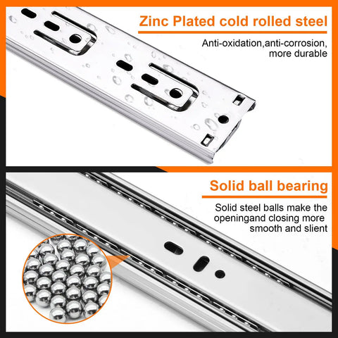 Zinc plated cold rolled steel drawer slide showcasing solid ball bearings for 10 Inch Soft Close Drawer Slides 6 Pairs Full Extension Ball Bearing Cabinet Glides 100 Lb Side Mount Hardware For Dresser And Kitchen Heavy Duty Rock Solid Smooth Operation.