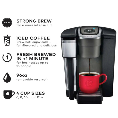 Office Ready Single Serve Coffee Maker For Small Teams With 96 Oz Water Reservoir Brews Hot Or Over Ice In Under A Minute 225 Plus K Cup Varieties From 35 Brands shown with red cup