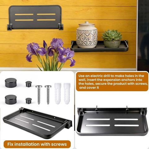 Super Sleek Aluminum RV Folding Wall Shelf With Hidden Drop Down Design Wall Mounted with flowers and decorative items displayed.