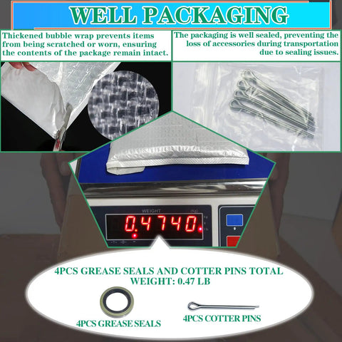 Trailer Axle Hub Grease Seal Kit 4 Pack With Cotter Pins 2.25 Inch ID packaging and weight measurement