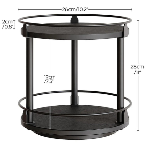 No Fuss Dual Tier Lazy Susan Turntable Gliding On Slick Ball Bearings, Compact Black Spice Rack Organizer For Kitchen Counters And Cabinets, 360 Degree Spinner Tray, dimensions labeled.