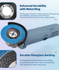 50-pack flap discs; blue T27 flap on 4 1/2 in angle grinder, side view