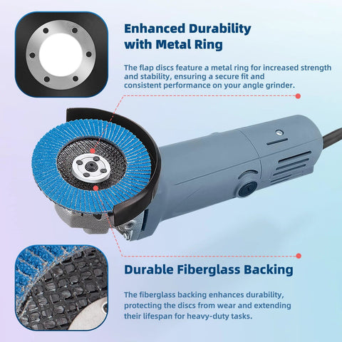 50-pack flap discs; blue T27 flap on 4 1/2 in angle grinder, side view