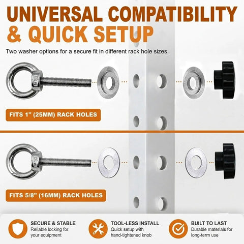 Universal Gym Rack Anchor Bolts and Heavy Duty Adapters with reducer washers for 1" and 5/8" rack holes.