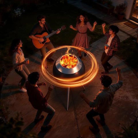 Friends enjoy evening around Smokeless Outdoor Fire Pit For Backyards And Patios 19.6 Inch Solo Bonfire Pit With Removable Ash Pan.