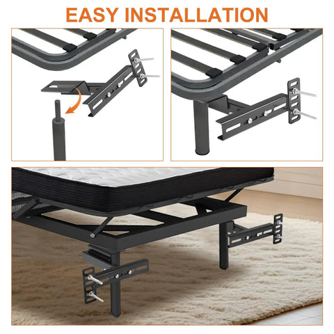 Heavy Duty Adjustable Headboard Bracket Kit In Sleek Black Metal Wall Mounting Hardware For Any Standard Bed Frame with installation details.