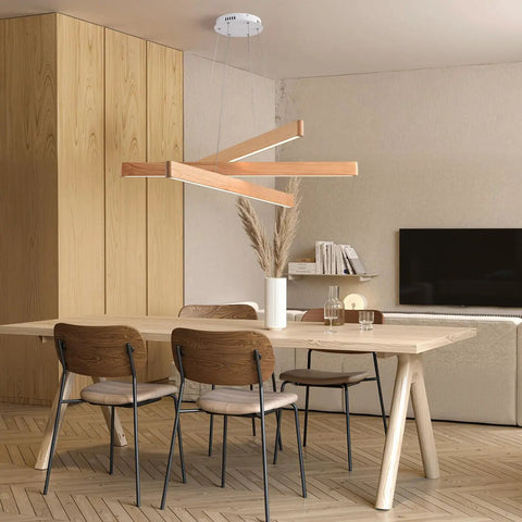 Wood Integrated LED Linear Pendant Light 31.5 Inch 18W 4000K Modern Farmhouse Fixture in dining room with walnut ash wood finish.