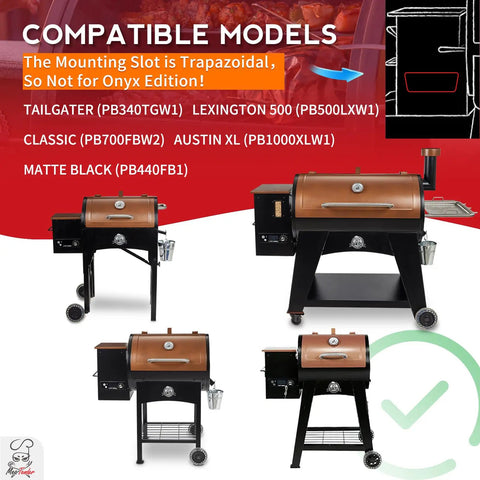 Replacement Pro Grade Digital Control Board For Copper Series Wood Pellet Grill and Smoker Tailgater Lexington Classic Austin XL Matte Black CAT02PGAMP Compatible grills with text overlay.