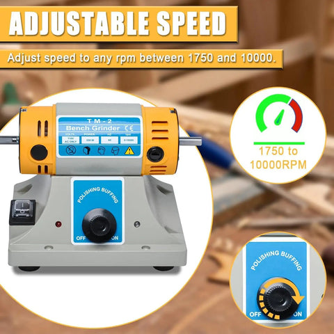 Jewelry Polisher And Bench Grinder Kit With Adjustable Speed showing control panel and speed range from 1750 to 10000 RPM.